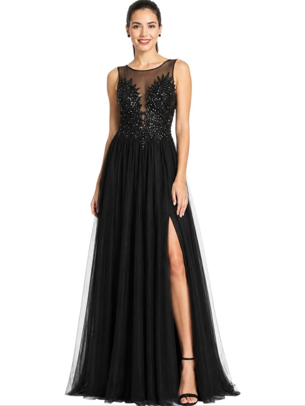 Xscape Black Beaded Illusion Prom Formal Gown Size 6 Slit